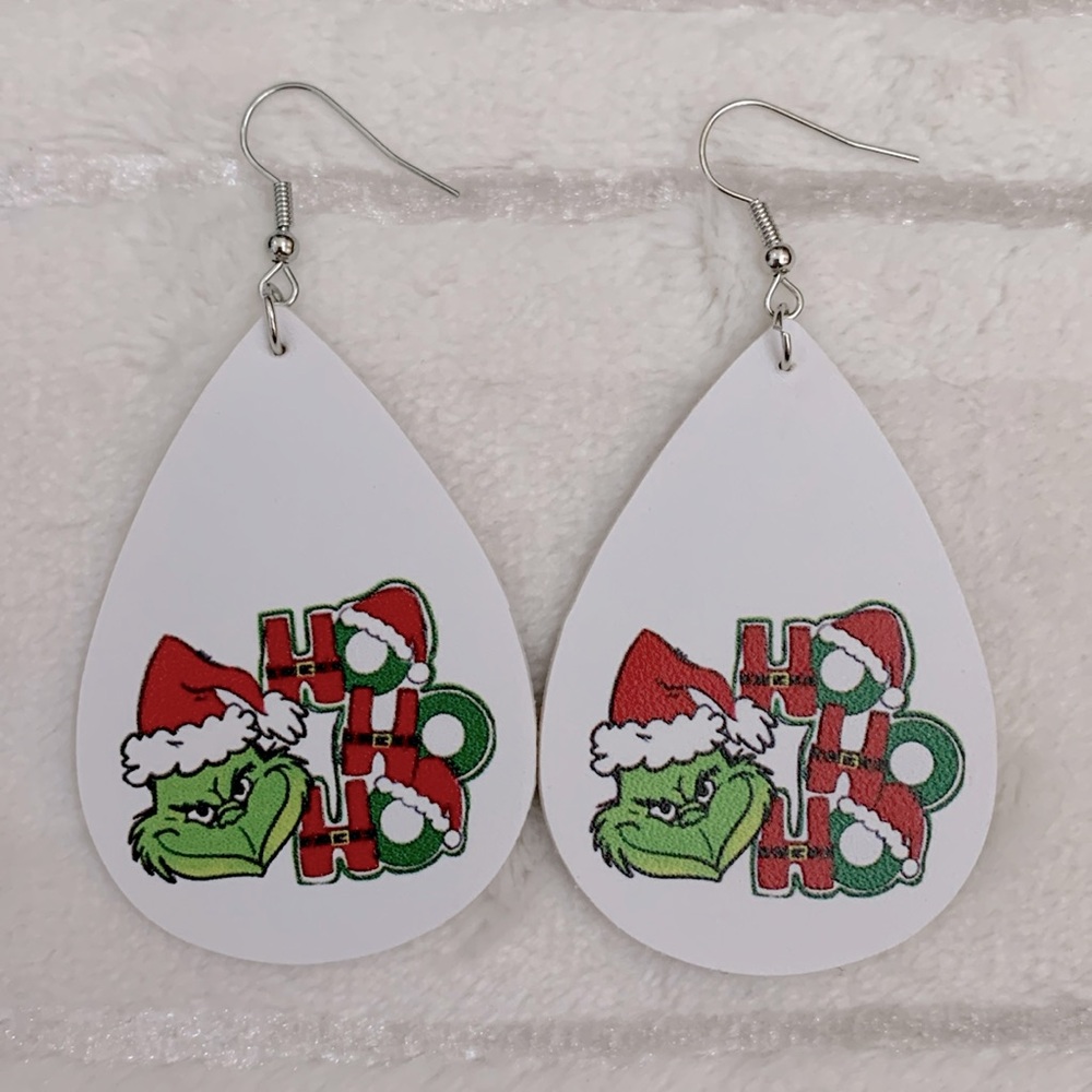 Christmas Grinch Ho Ho Ho White Earrings 2 1/2"